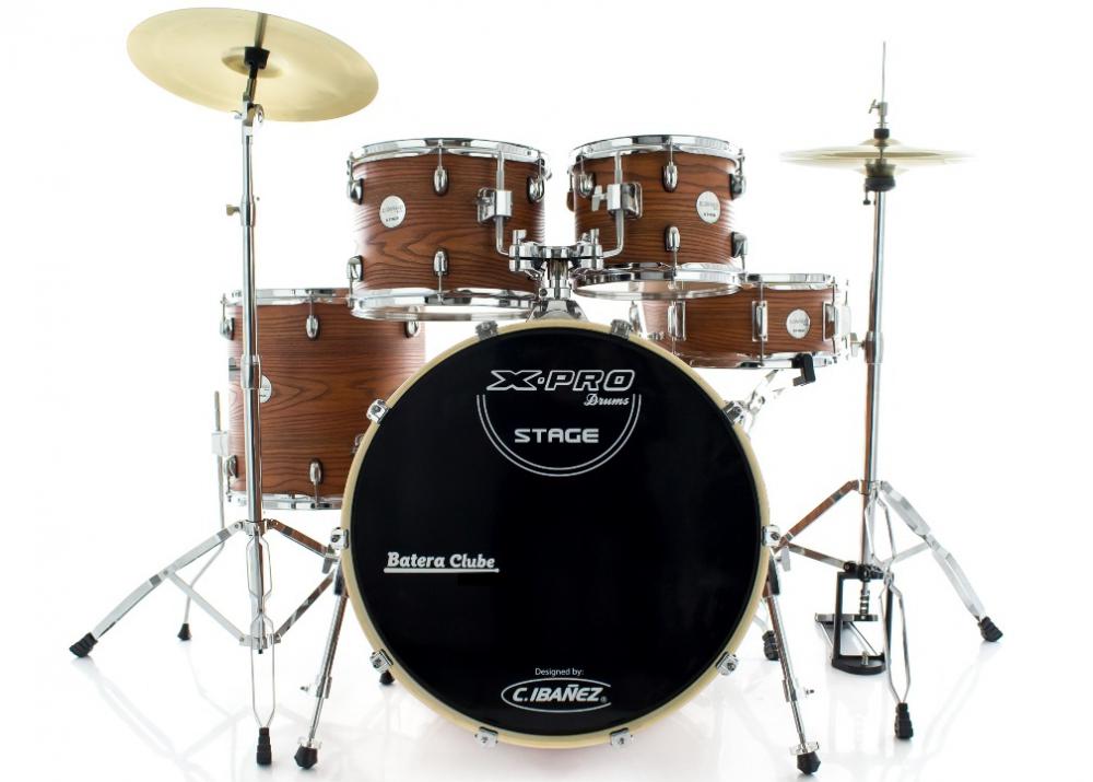 Bateria X Pro Stage Dark Natural Completa Com Pratos E Banco Com Bumbo